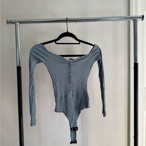 Fashion Nova Gray Long Sleeve Bodysuit with Button Detail